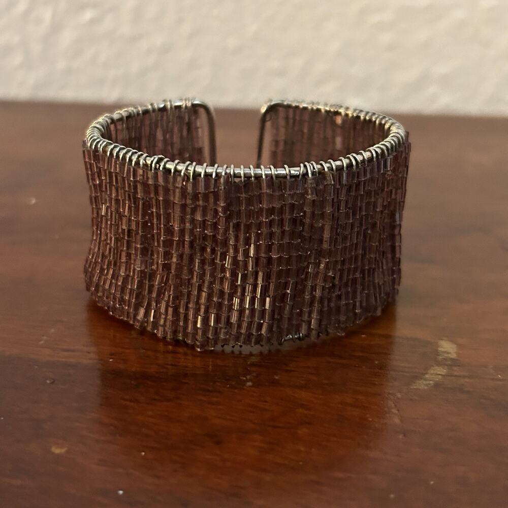 Silver Tone Purple Seed Bead Cuff Wide Bracelet Statement Chunky
